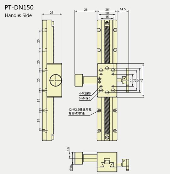 X Axis Manual Linear Stage, Dovetail Slide Bearing PT-DN100/150/200