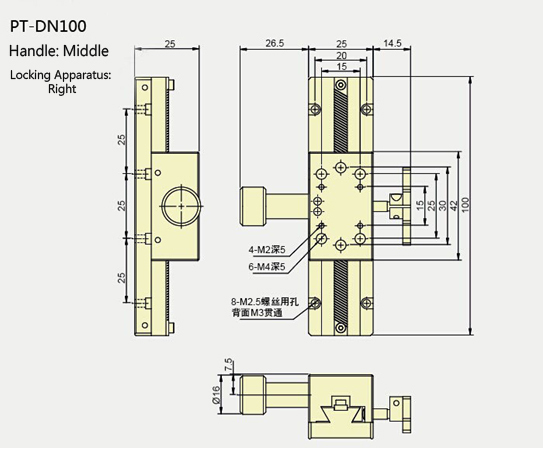 X Axis Manual Linear Stage, Dovetail Slide Bearing PT-DN100/150/200