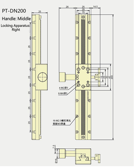 X Axis Manual Linear Stage, Dovetail Slide Bearing PT-DN100/150/200