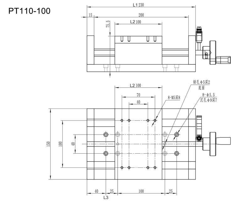 PT110 Linear Slider XYZ Slider Rail Ball Rod Handwheel Hand-operated Aluminum Bracket Rail Aluminum Alloy