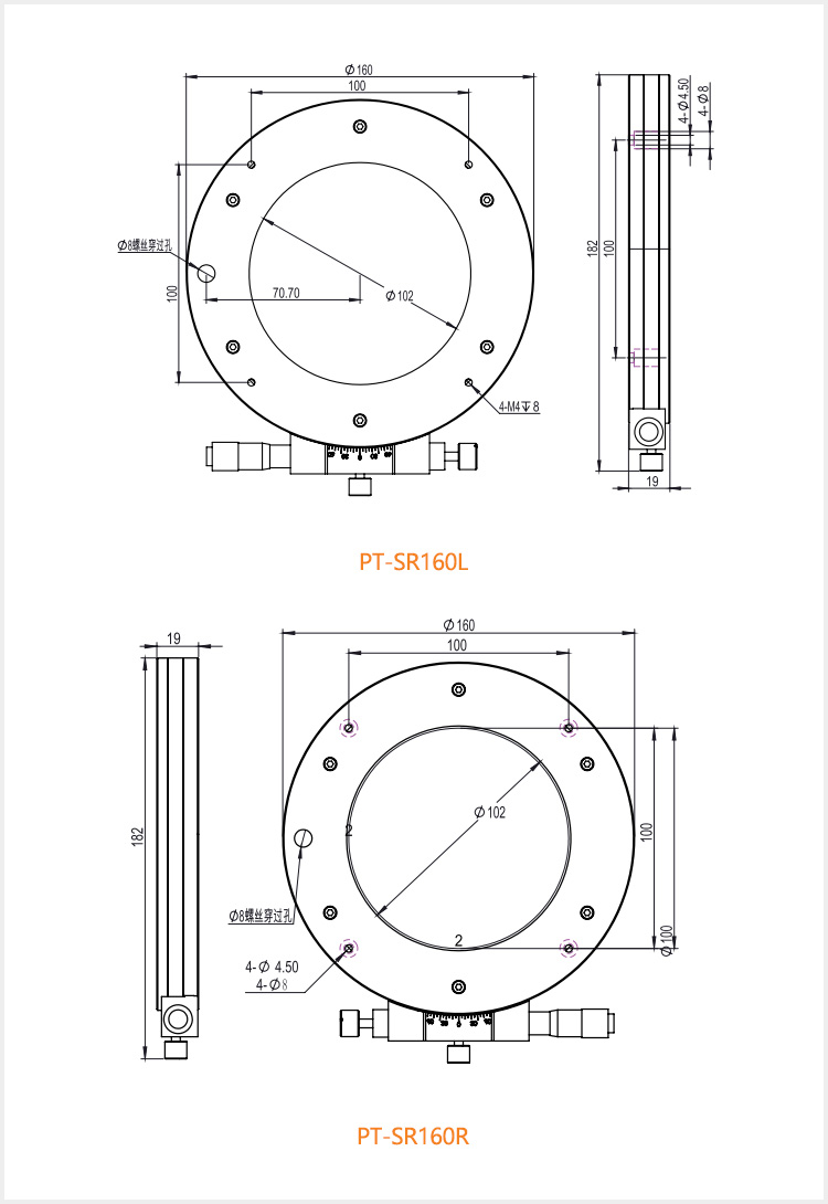 R-axis Manual Hollow Rotation Stage 360 ° Fine Tuning Optical Mobile Platform PT-SR80