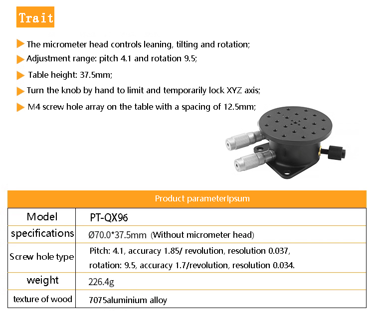 Optical high-precision fine-tuning PT-QX96 for tilt rotary displacement table angle table XYZ axis tilt deflection platform