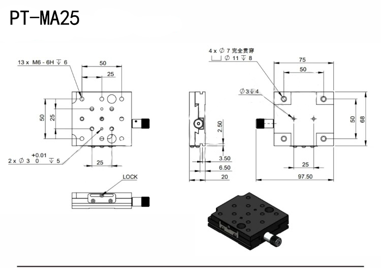 PT-MA25 Dovetail slot sliding table manual precision displacement table XY axis stroke 25mm, 50mm