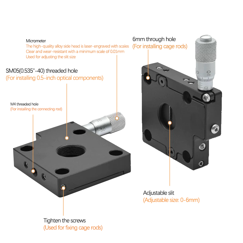 The adjustable slit of the cage system is coaxial at 30mm, and the adjustable range of the cage is 0-6mm The adjustable slit of the cage system is coaxial at 30mm, and the adjustable range of the cage is 0-6mm