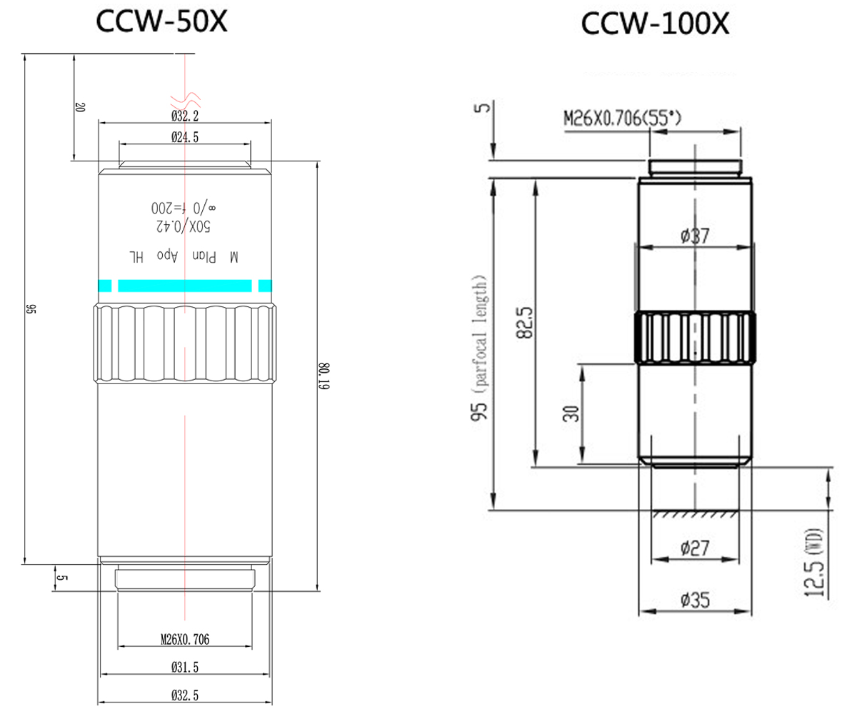 Infinity Corrected Long Working distance Objective CCW-2X/5X/10X/20X/50X/100X/20XD/50XD Infinity Corrected Long Working distance Objective CCW-2X/5X/10X/20X/50X/100X/20XD/50XD