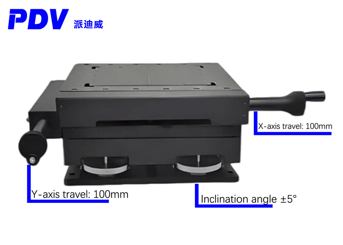 XY + tilt ± 5 degrees. Manual three-dimensional translation of the tilt platform PT-XY100 + angle tilt.