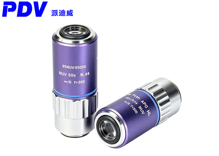 Flat-field compensated achromatic ultraviolet objective lens, magnification 50X, aperture 0.44, wavelength 340 - 620nm
